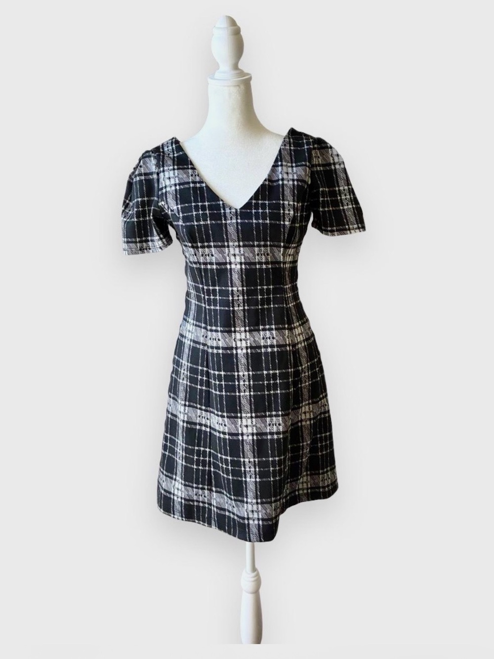 Teeze Me Black & White Plaid V-Neck Short Sleeve Dress with Tuxedo Stripe